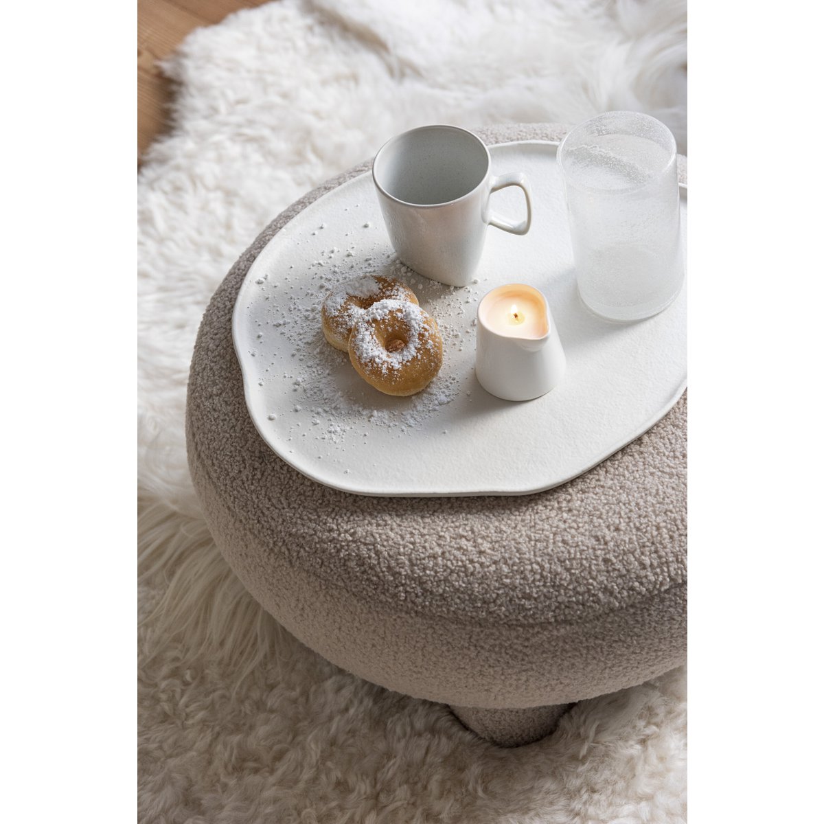 Kruk Rond Teddy Voeten Bouclé Warm Beige