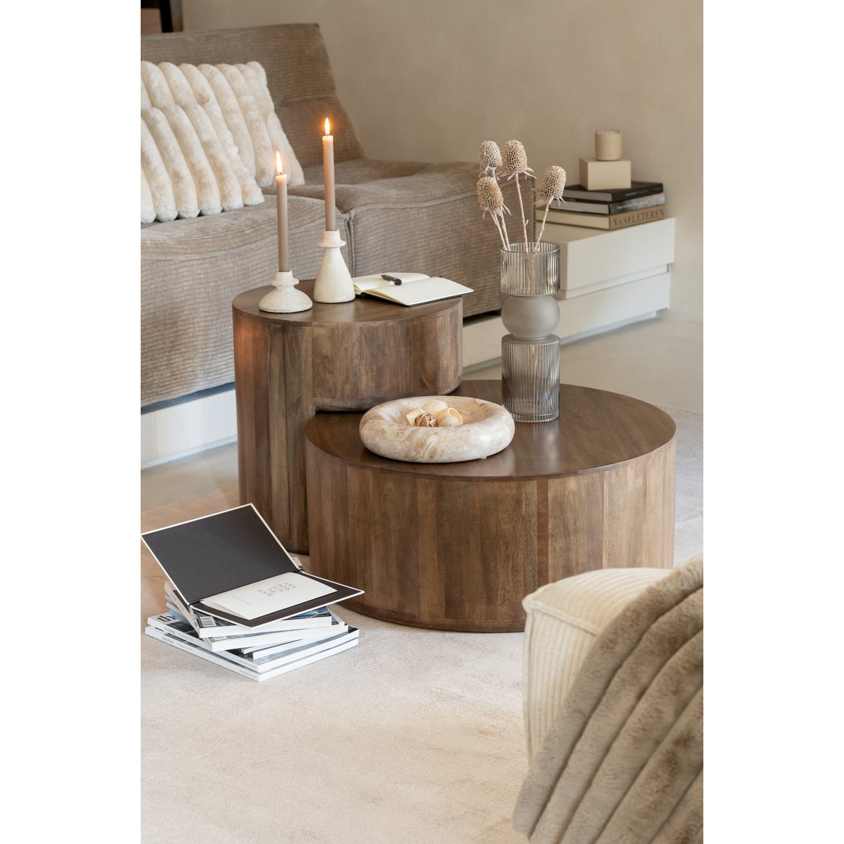 Kom Rond Laag Marmer - steen - beige - large