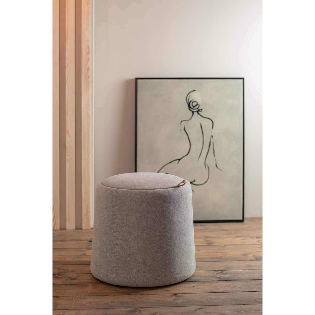 Poef/Bijzettafel Rond Textiel/Hout Beige